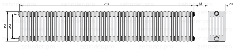 Схема (чертеж) Радиатор Zehnder Charleston 6055/46 №1270 Белый глянцевый RAL 9016